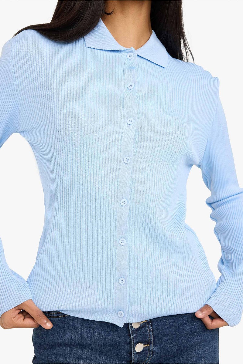 DeFacto Blue Woman Slim Fit Polo Collar Knitwear Cardigan Casual - Image 5